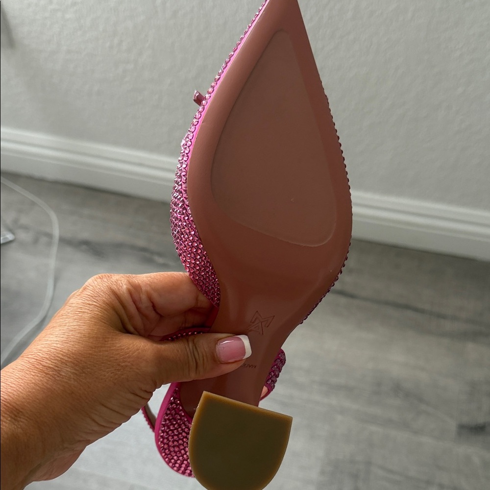 Amina Muaddi Fuchsia Crystal Slingback Pumps with Bow - Picture 12 of 14